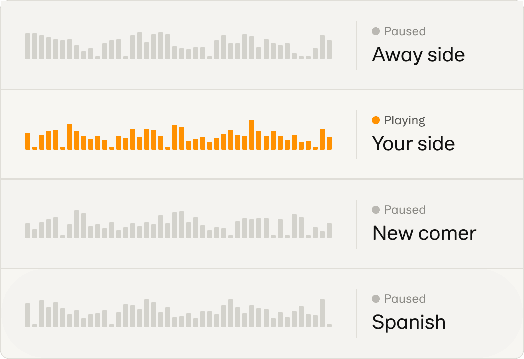 Four commentary tracks for one football match: away side, your side (playing), newcomer and Spanish